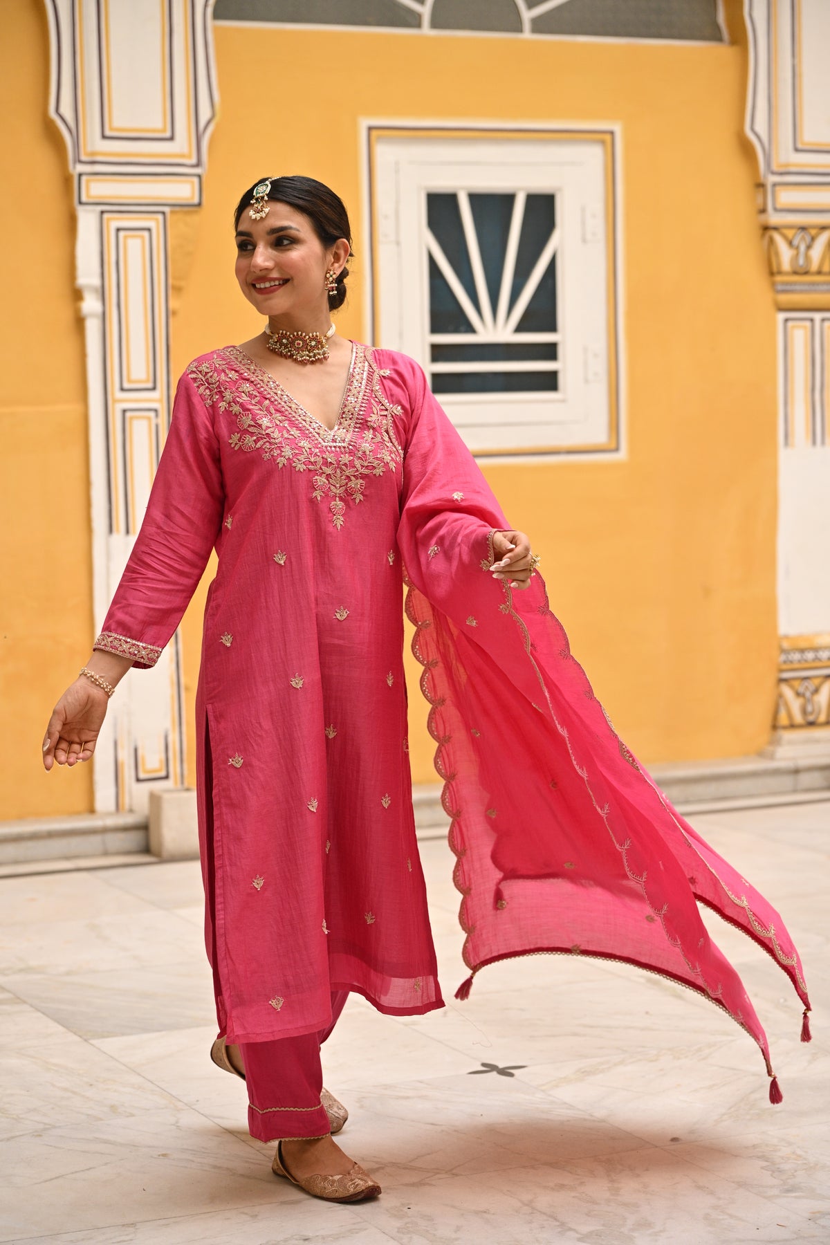 Pink Pure Mul Chanderi Suit Set with Scallope Dupatta