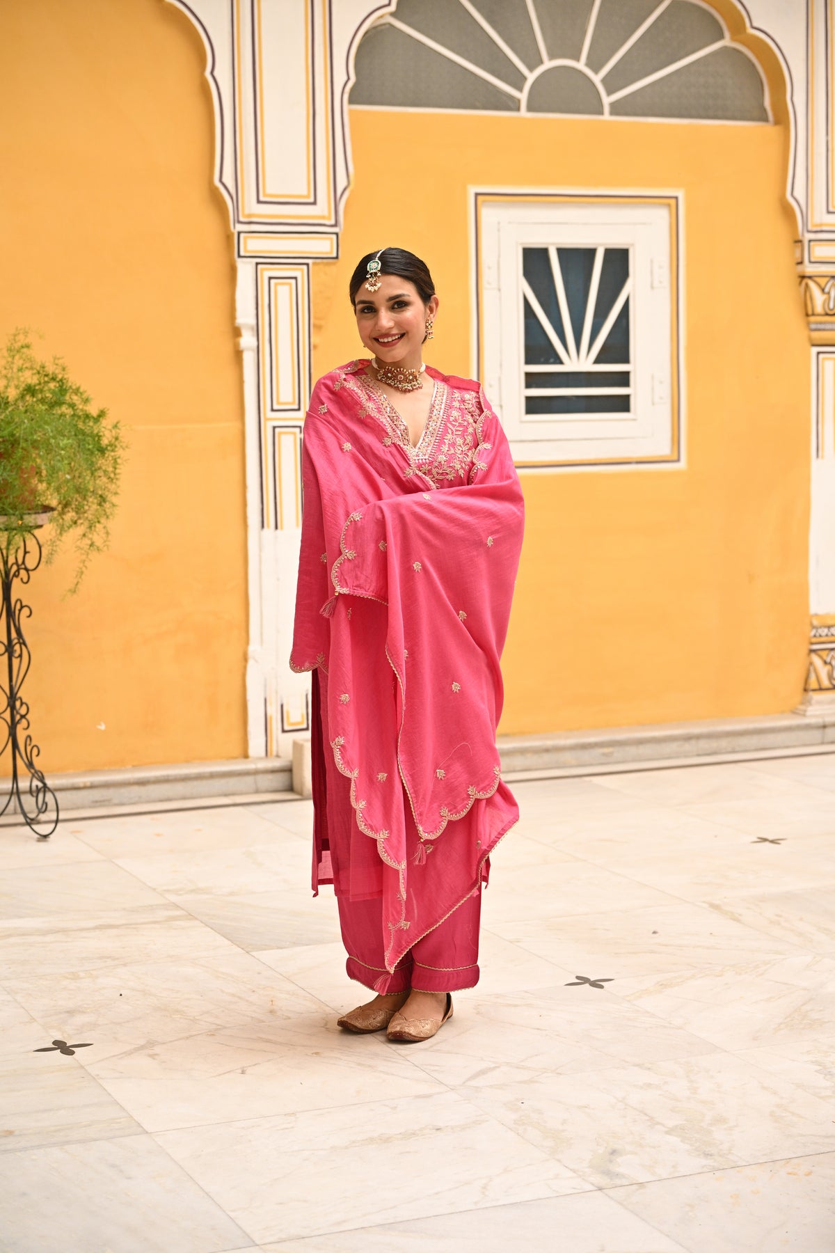 Pink Pure Mul Chanderi Suit Set with Scallope Dupatta
