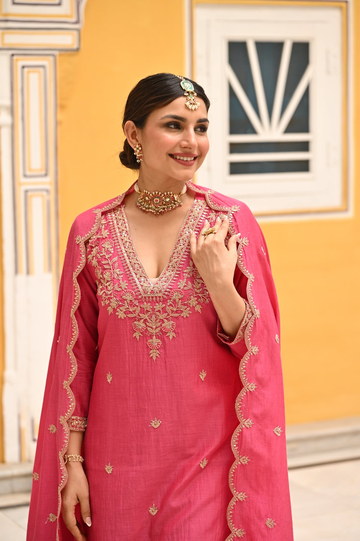 Pink Pure Mul Chanderi Suit Set with Scallope Dupatta