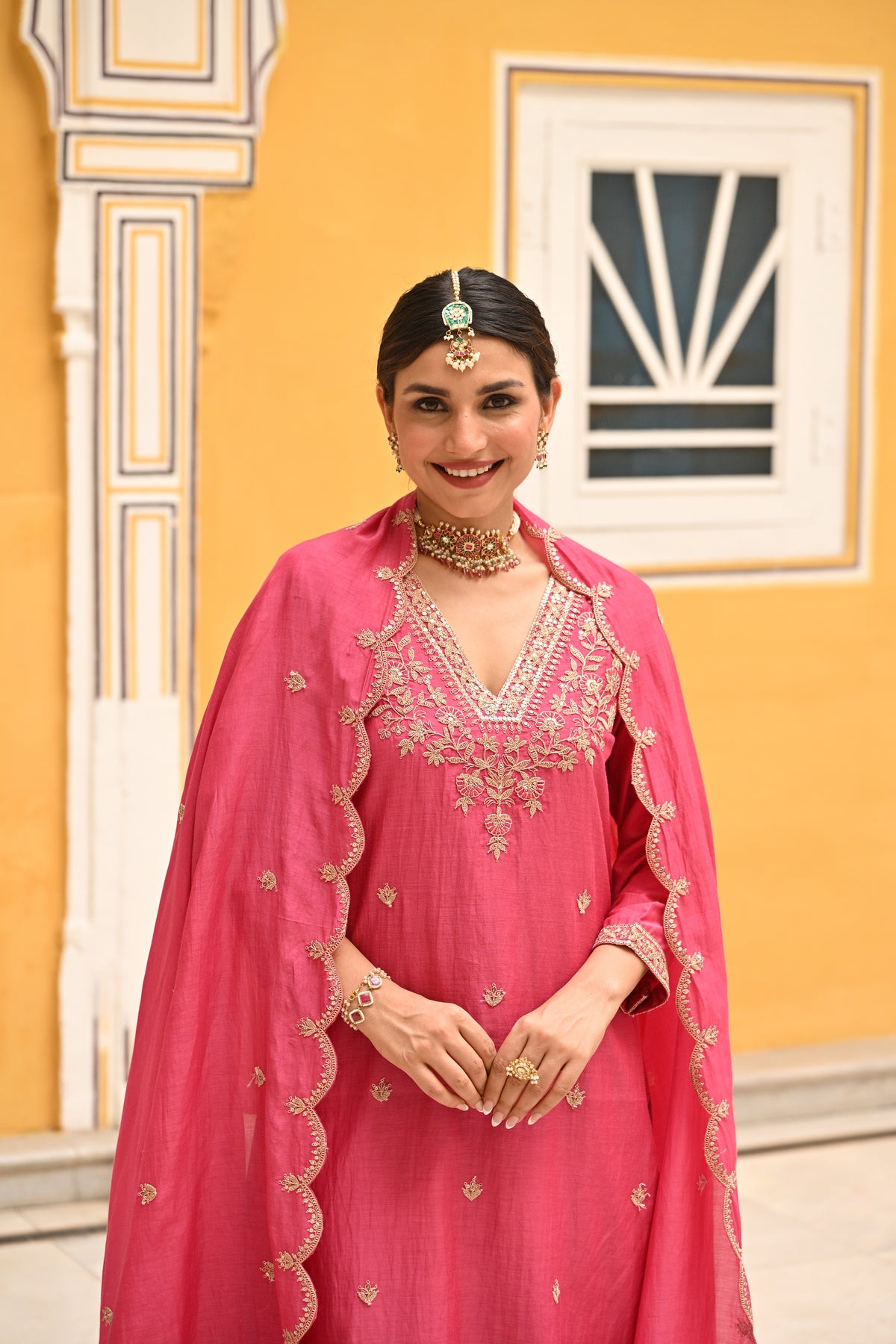 Pink Pure Mul Chanderi Suit Set with Scallope Dupatta