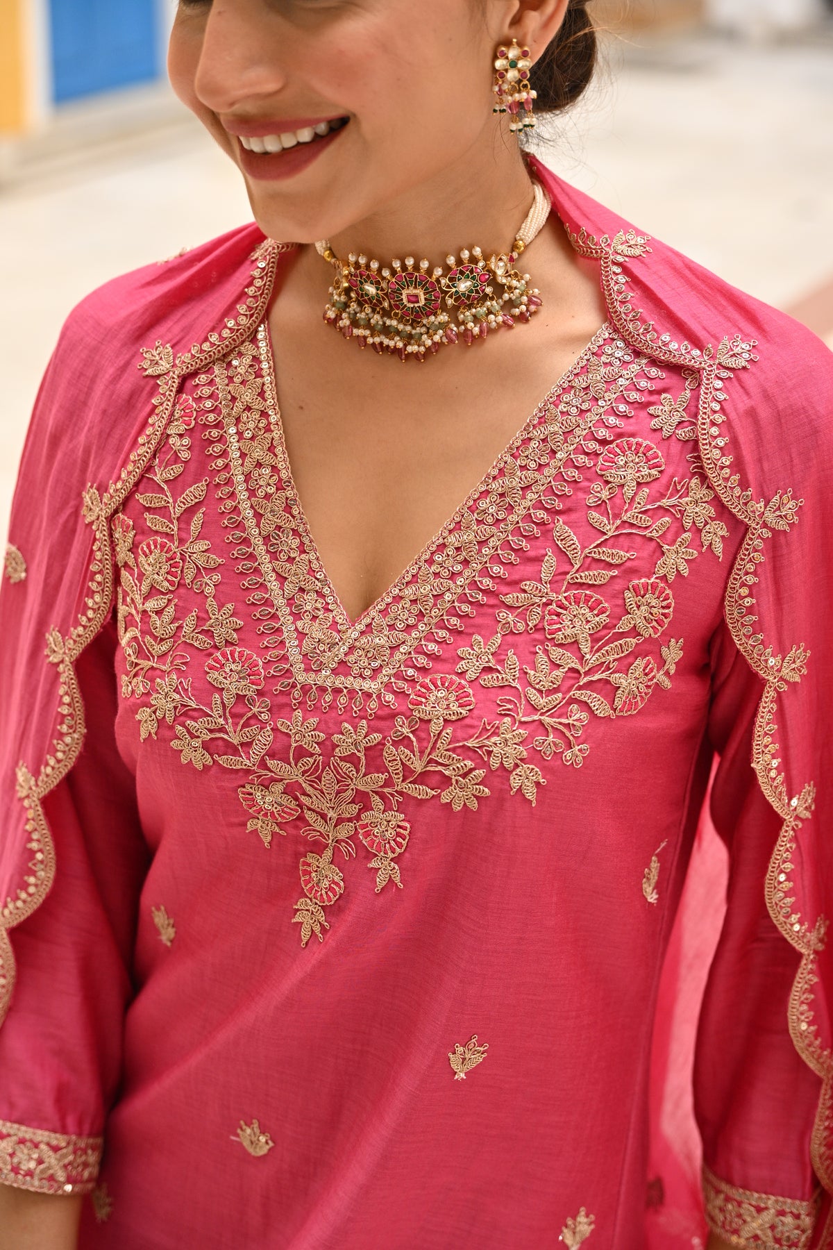 Pink Pure Mul Chanderi Suit Set with Scallope Dupatta