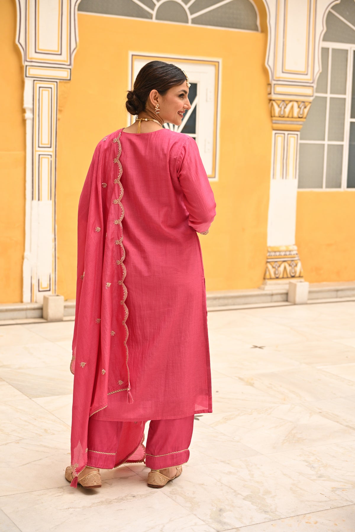 Pink Pure Mul Chanderi Suit Set with Scallope Dupatta