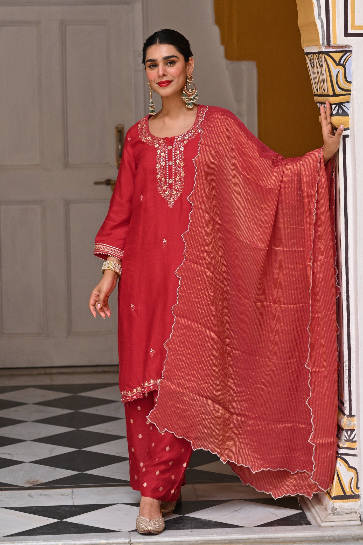 Red Tyohaar Pure Dola Silk Suit Set with Banarsi Pant