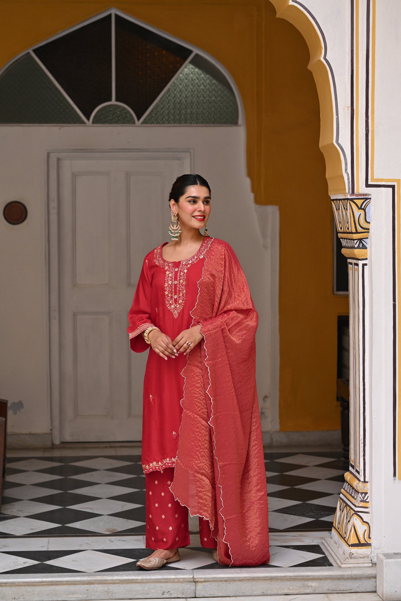Red Tyohaar Pure Dola Silk Suit Set with Banarsi Pant