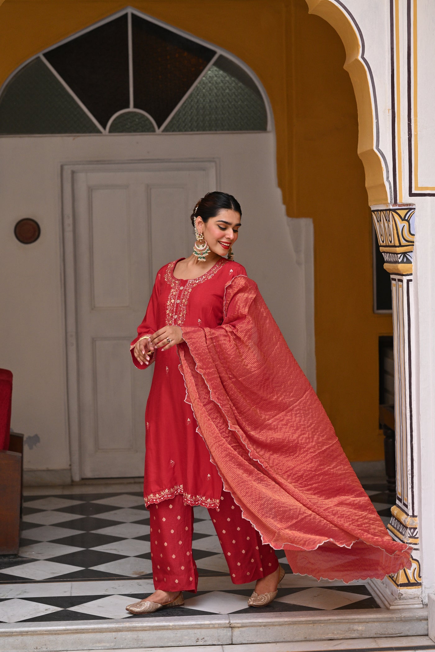 Red Tyohaar Pure Dola Silk Suit Set with Banarsi Pant