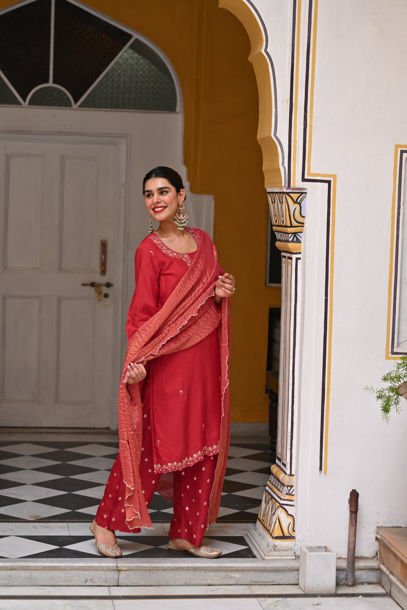 Red Tyohaar Pure Dola Silk Suit Set with Banarsi Pant