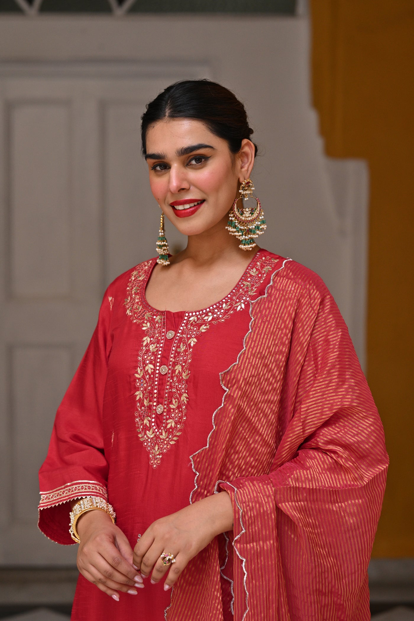 Red Tyohaar Pure Dola Silk Suit Set with Banarsi Pant
