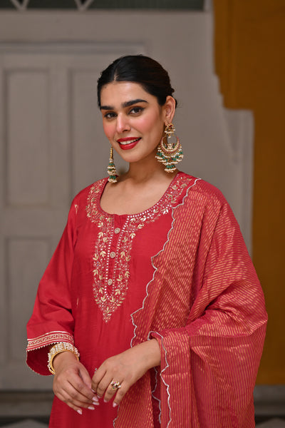Red Tyohaar Pure Dola Silk Suit Set with Banarsi Pant