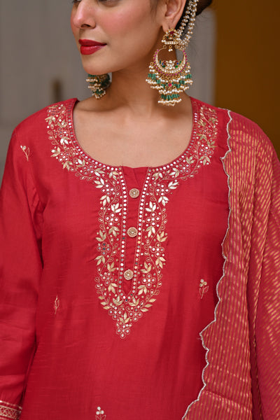 Red Tyohaar Pure Dola Silk Suit Set with Banarsi Pant