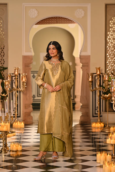 Kelly Green Premium Pure Muslin Silk Jacquard with Patch Embroidery, Hand Work Zari lace on Daman Kurta With Scallop Zari Border Dupatta
