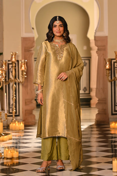 Kelly Green Premium Pure Muslin Silk Jacquard with Patch Embroidery, Hand Work Zari lace on Daman Kurta With Scallop Zari Border Dupatta