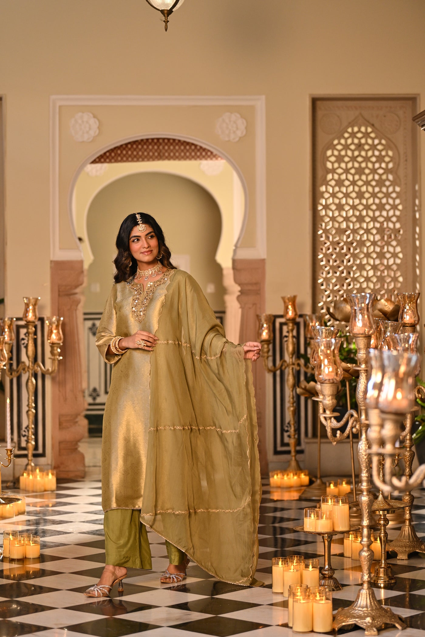 Kelly Green Premium Pure Muslin Silk Jacquard with Patch Embroidery, Hand Work Zari lace on Daman Kurta With Scallop Zari Border Dupatta