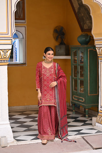 Red Block and Placement with Gold Foil Print Muslin Sharara Set with sequence , Moti and Gota work