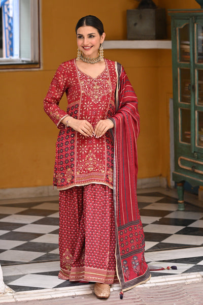 Red Block and Placement with Gold Foil Print Muslin Sharara Set with sequence , Moti and Gota work