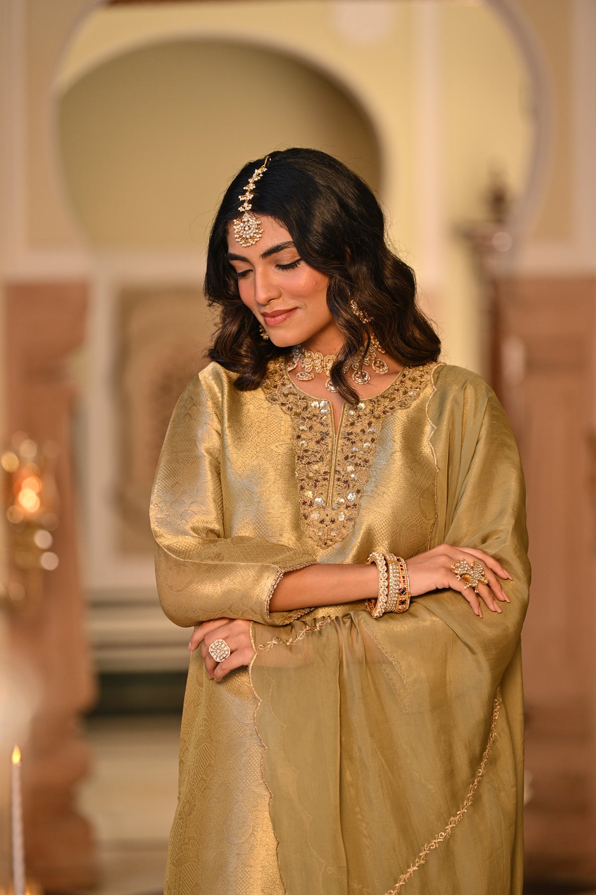 Kelly Green Premium Pure Muslin Silk Jacquard with Patch Embroidery, Hand Work Zari lace on Daman Kurta With Scallop Zari Border Dupatta