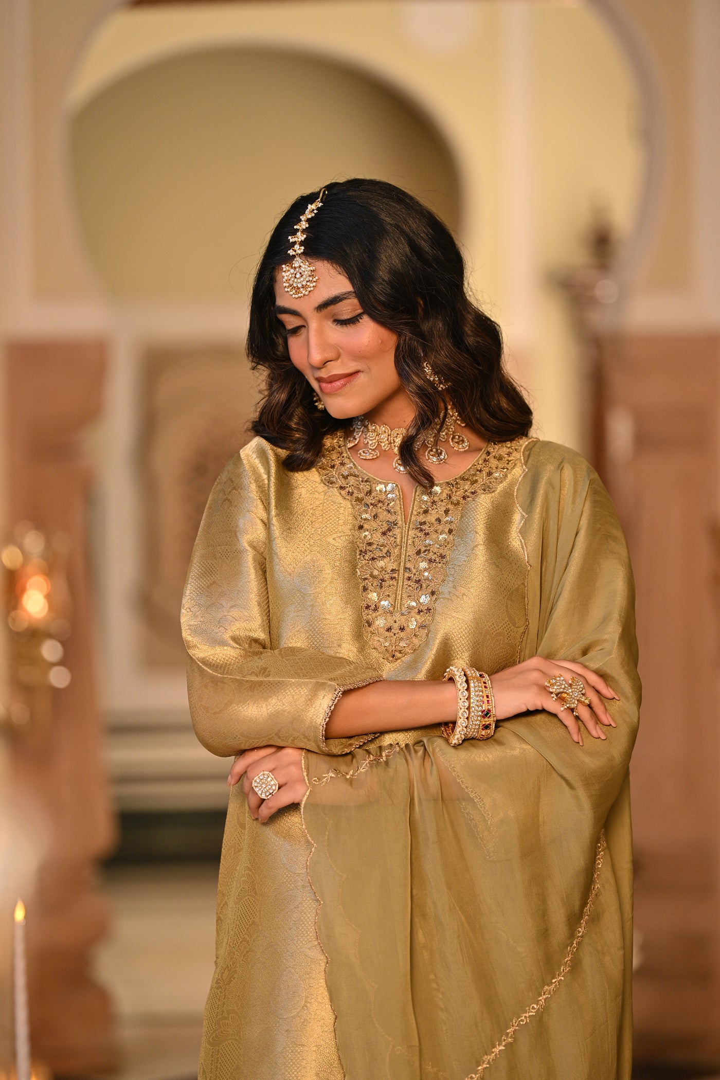 Kelly Green Premium Pure Muslin Silk Jacquard with Patch Embroidery, Hand Work Zari lace on Daman Kurta With Scallop Zari Border Dupatta