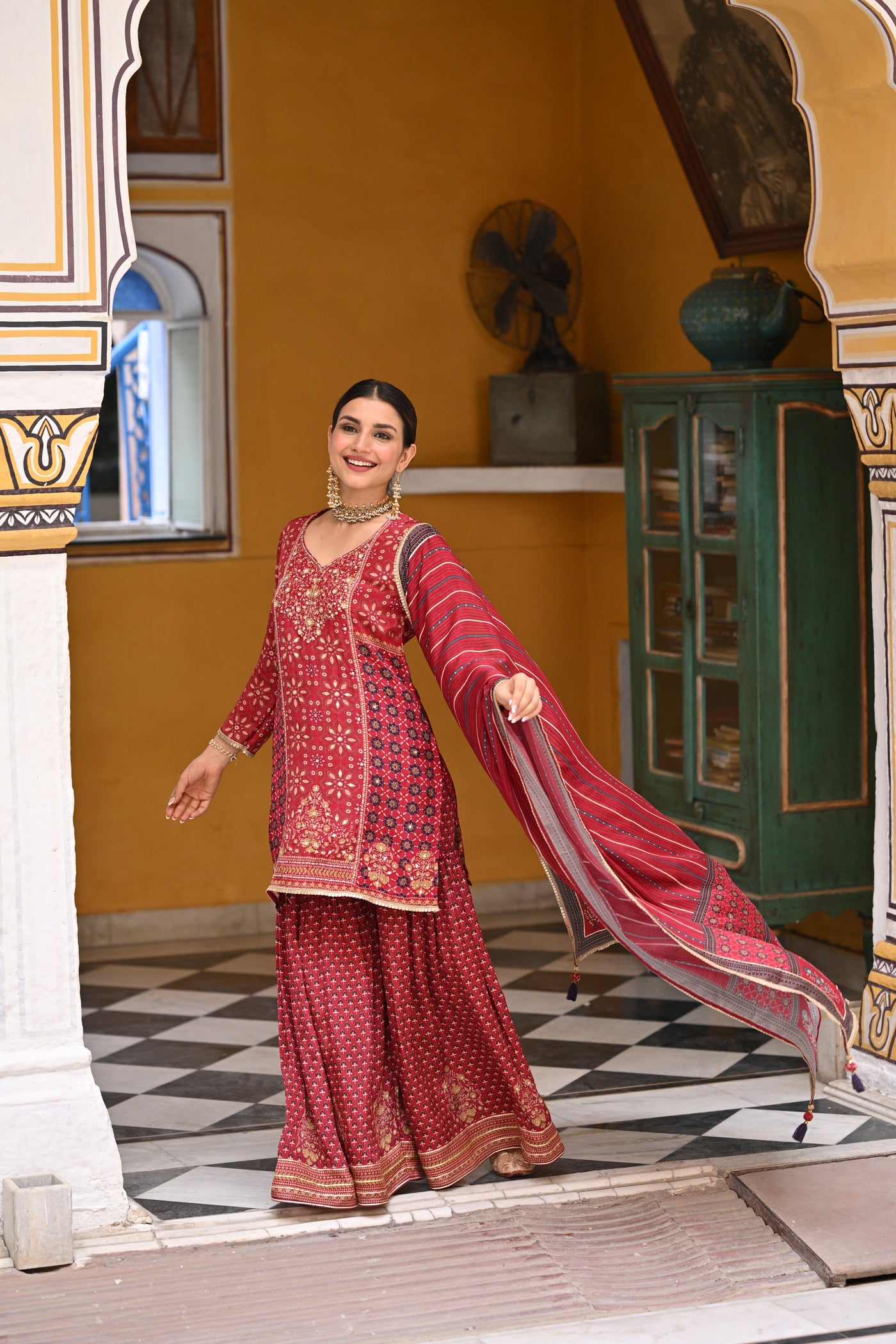 Red Block and Placement with Gold Foil Print Muslin Sharara Set with sequence , Moti and Gota work