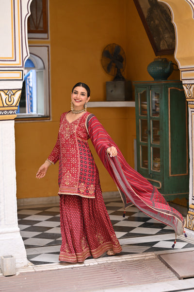 Red Block and Placement with Gold Foil Print Muslin Sharara Set with sequence , Moti and Gota work