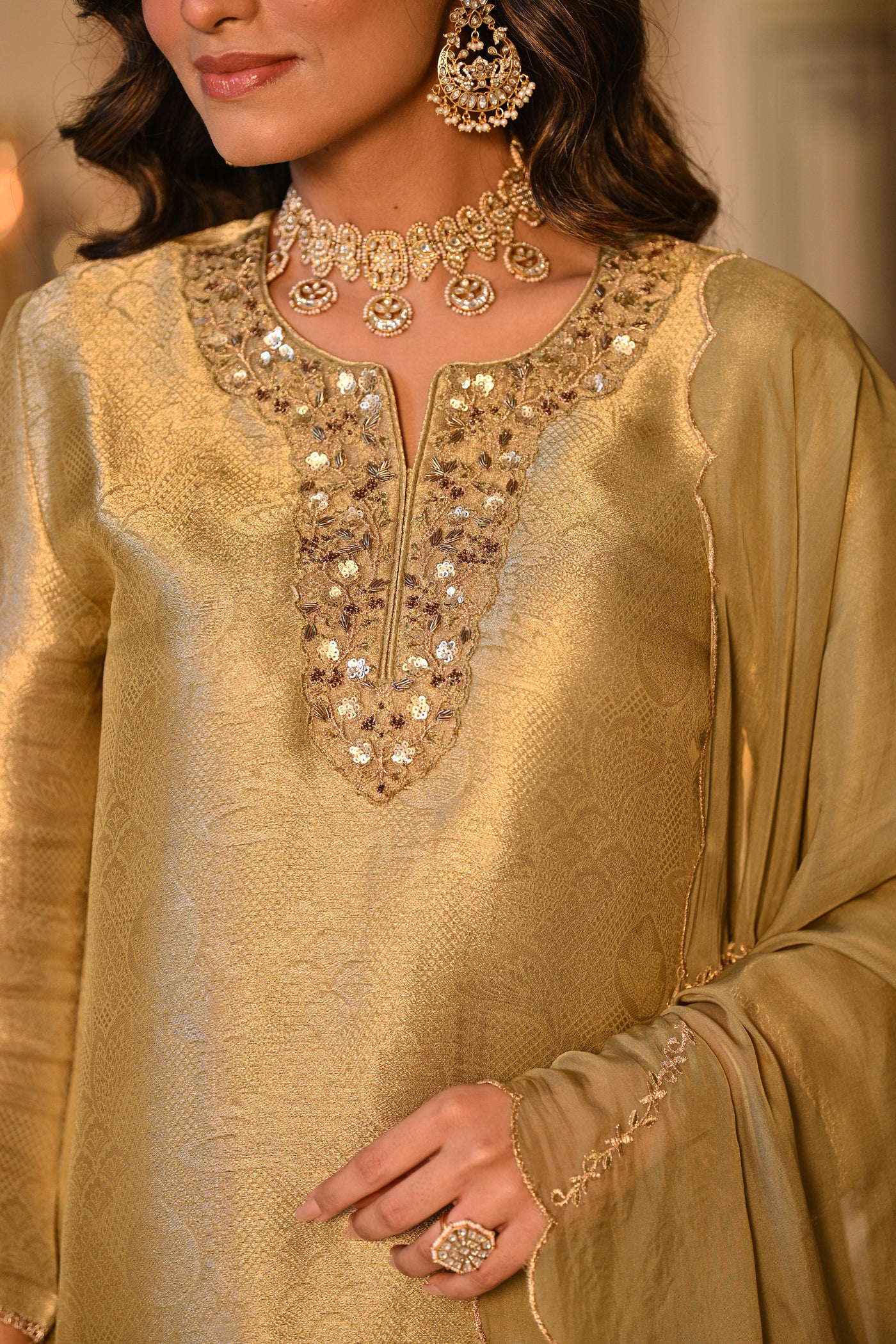 Kelly Green Premium Pure Muslin Silk Jacquard with Patch Embroidery, Hand Work Zari lace on Daman Kurta With Scallop Zari Border Dupatta