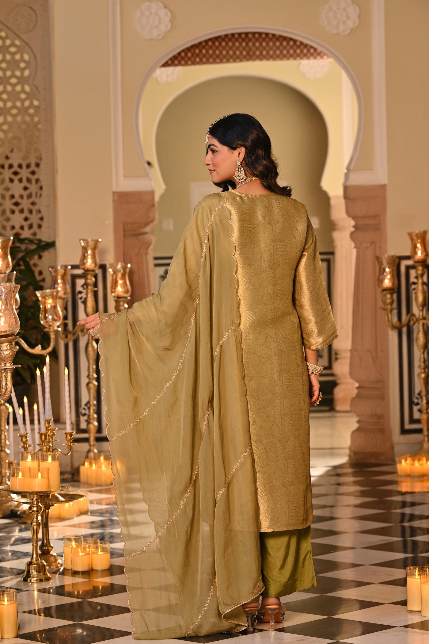 Kelly Green Premium Pure Muslin Silk Jacquard with Patch Embroidery, Hand Work Zari lace on Daman Kurta With Scallop Zari Border Dupatta