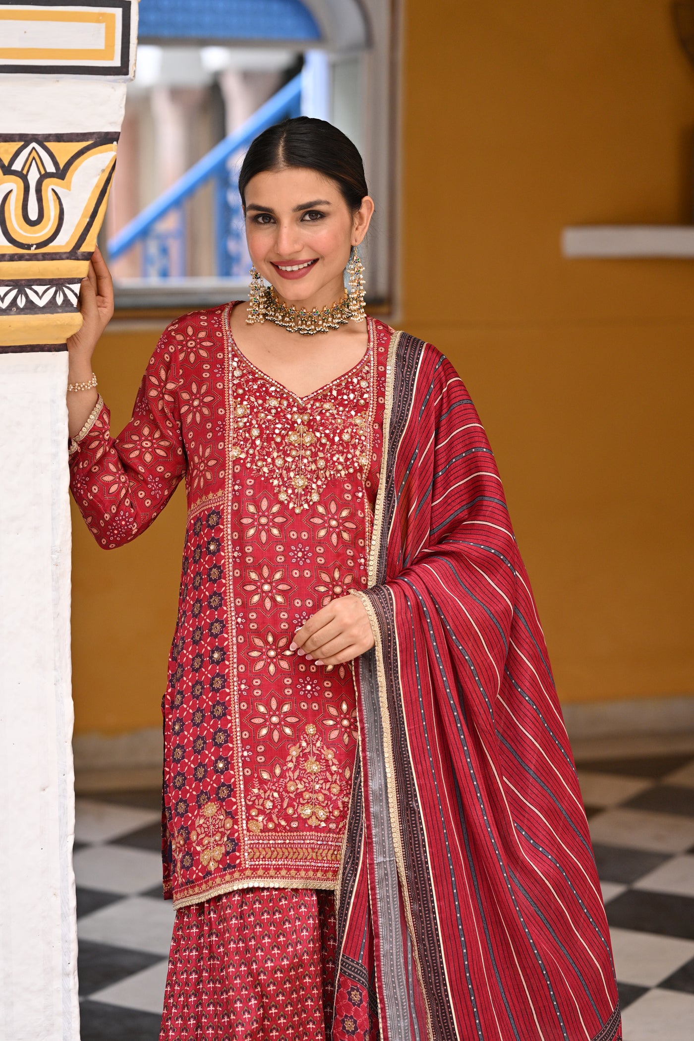 Red Block and Placement with Gold Foil Print Muslin Sharara Set with sequence , Moti and Gota work