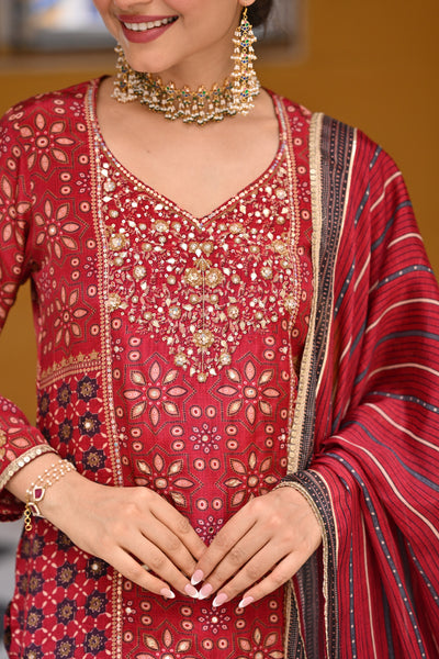 Red Block and Placement with Gold Foil Print Muslin Sharara Set with sequence , Moti and Gota work