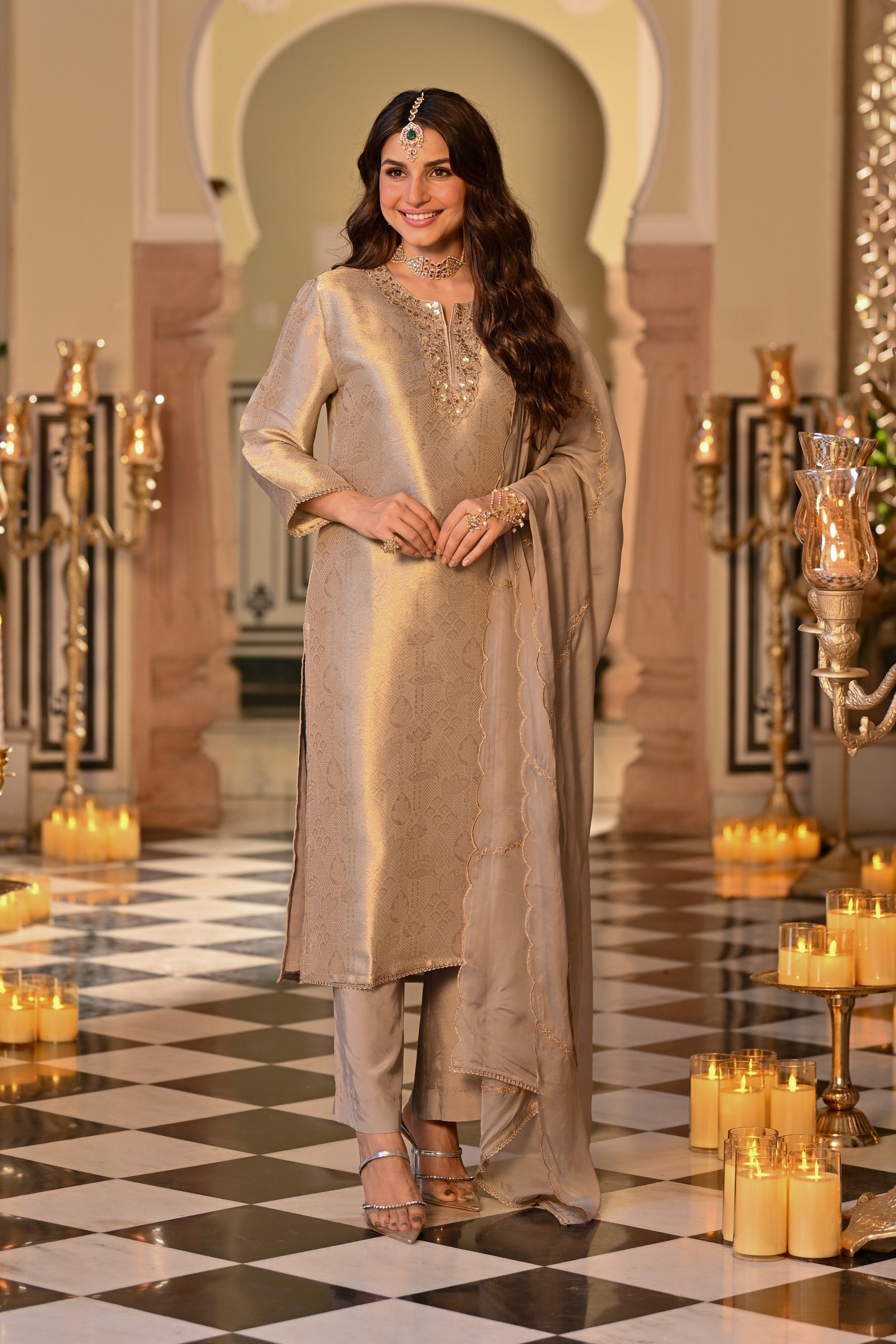 Slate Grey  Premium Pure Muslin Silk Jacquard with Patch Embroidery, Hand Work Zari lace on Daman Kurta With Scallop Zari Border Dupatta