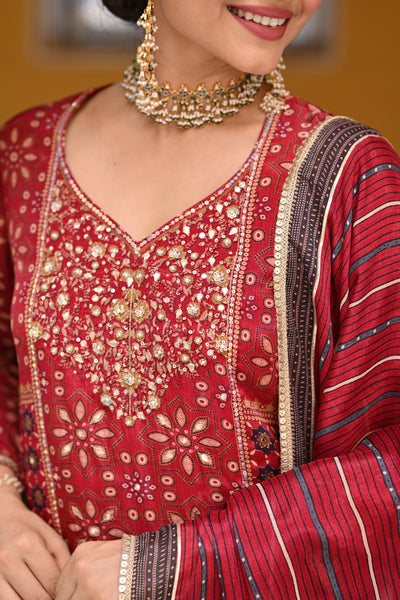 Red Block and Placement with Gold Foil Print Muslin Sharara Set with sequence , Moti and Gota work