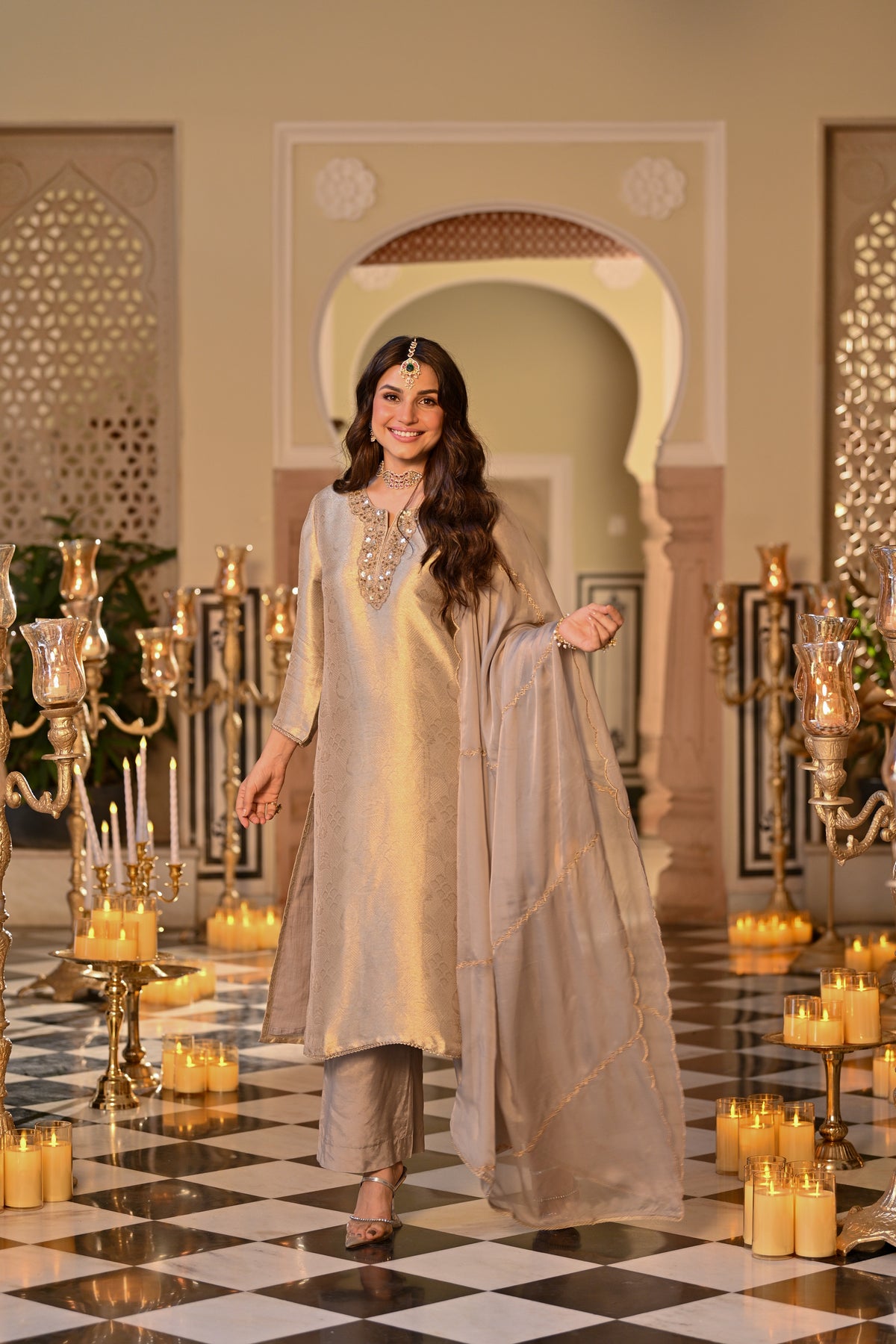 Slate Grey  Premium Pure Muslin Silk Jacquard with Patch Embroidery, Hand Work Zari lace on Daman Kurta With Scallop Zari Border Dupatta