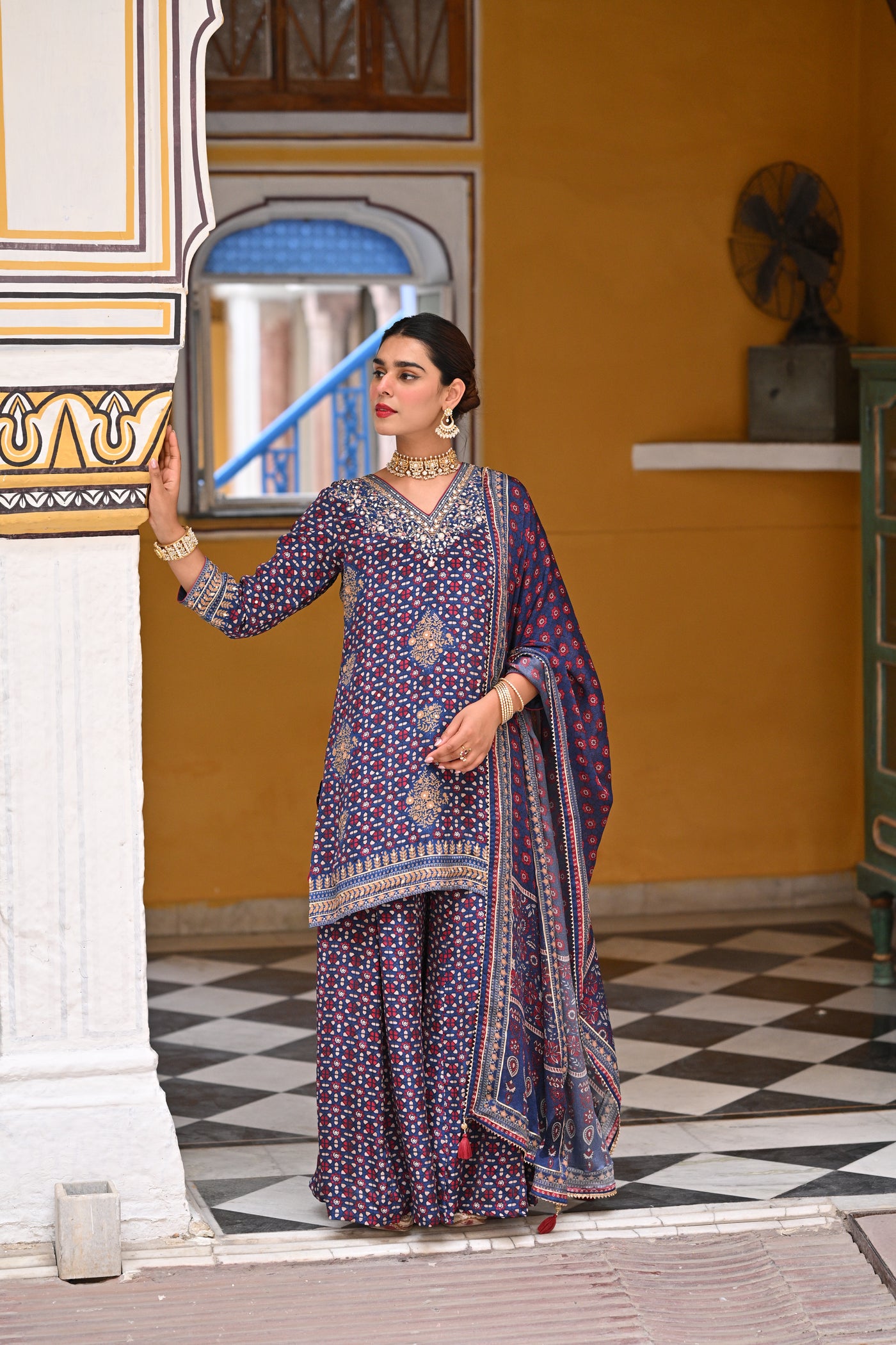 Blue Ghera Muslin Sharara Set with Gota and Sequence Work