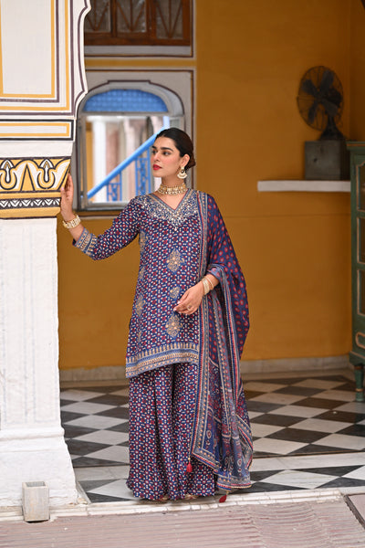 Blue Ghera Muslin Sharara Set with Gota and Sequence Work