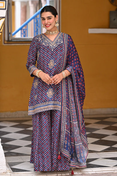 Blue Ghera Muslin Sharara Set with Gota and Sequence Work