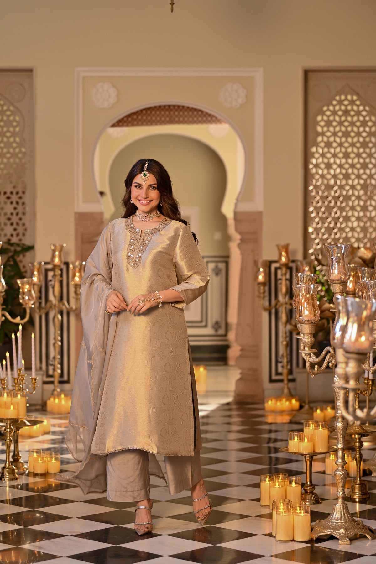 Slate Grey  Premium Pure Muslin Silk Jacquard with Patch Embroidery, Hand Work Zari lace on Daman Kurta With Scallop Zari Border Dupatta