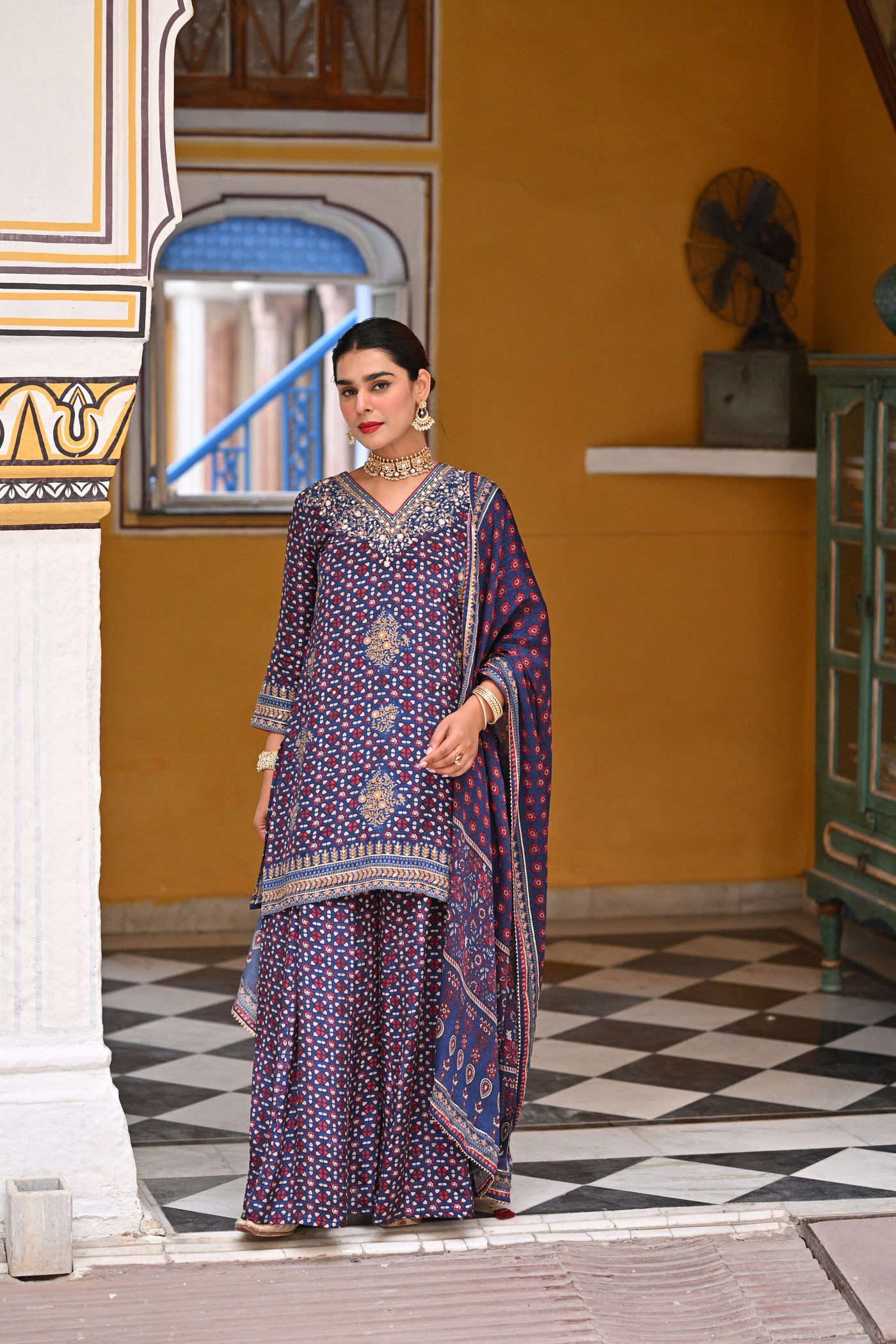 Blue Ghera Muslin Sharara Set with Gota and Sequence Work