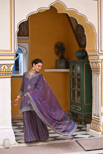 Blue Ghera Muslin Sharara Set with Gota and Sequence Work