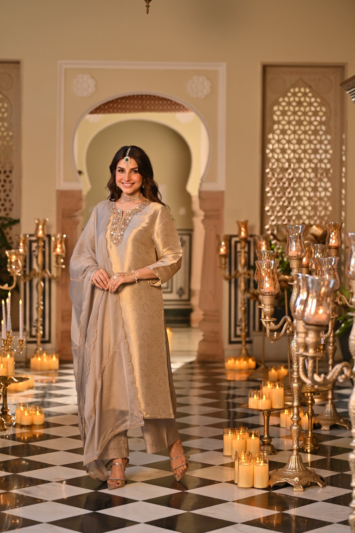 Slate Grey  Premium Pure Muslin Silk Jacquard with Patch Embroidery, Hand Work Zari lace on Daman Kurta With Scallop Zari Border Dupatta