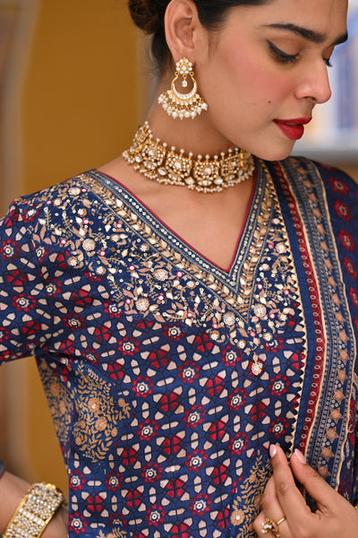 Blue Ghera Muslin Sharara Set with Gota and Sequence Work