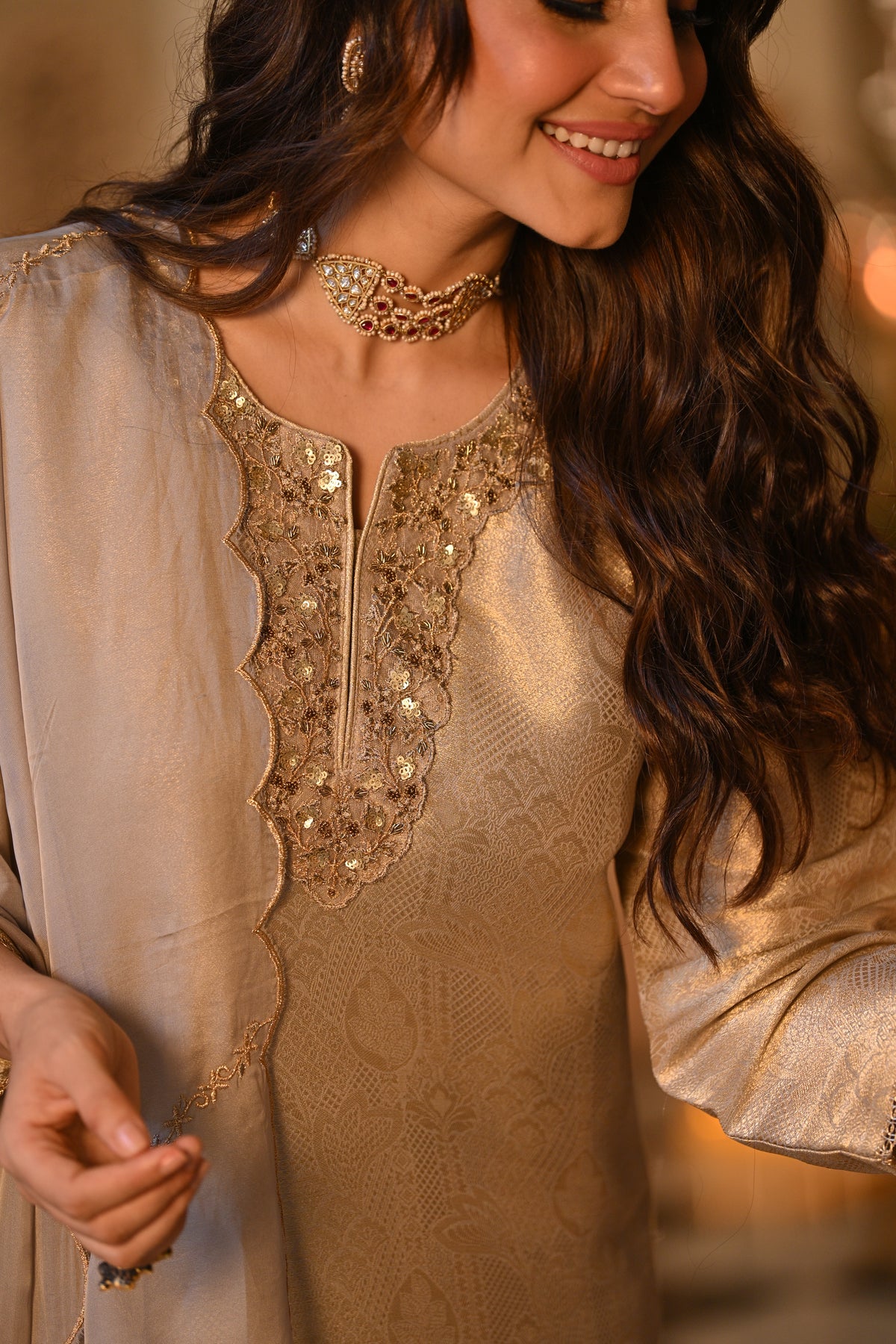 Slate Grey  Premium Pure Muslin Silk Jacquard with Patch Embroidery, Hand Work Zari lace on Daman Kurta With Scallop Zari Border Dupatta