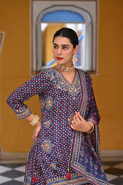 Blue Ghera Muslin Sharara Set with Gota and Sequence Work