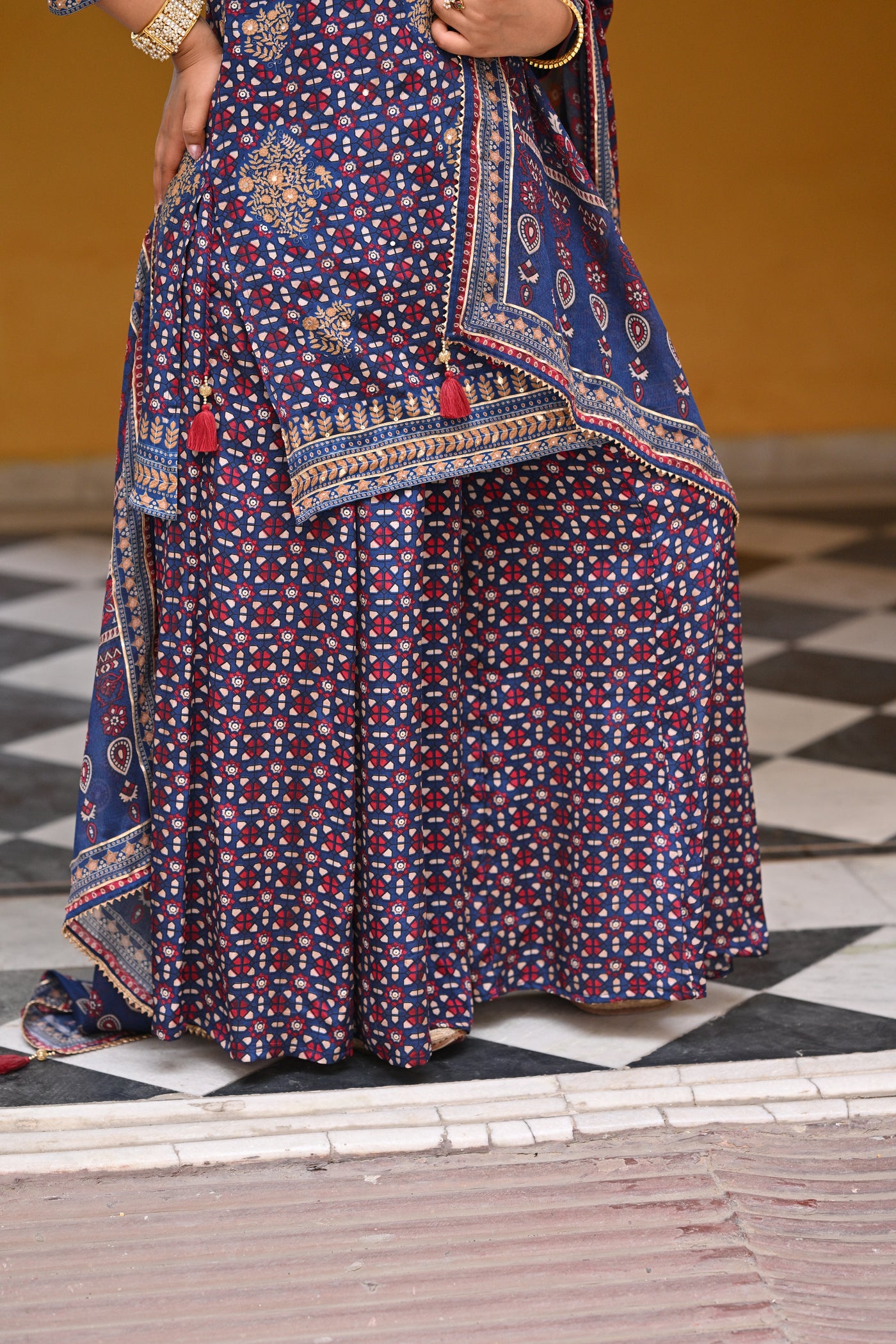 Blue Ghera Muslin Sharara Set with Gota and Sequence Work