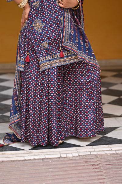 Blue Ghera Muslin Sharara Set with Gota and Sequence Work