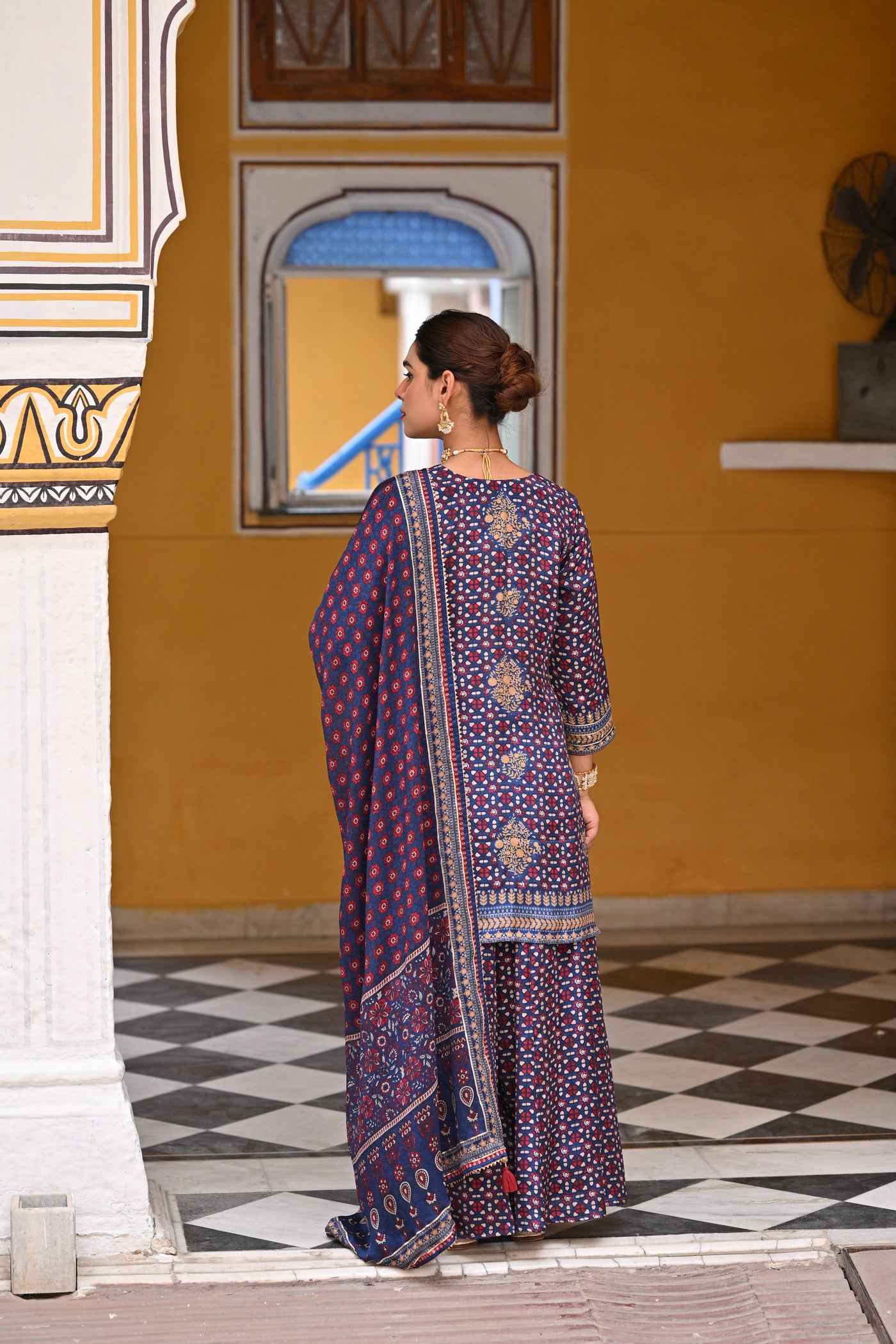 Blue Ghera Muslin Sharara Set with Gota and Sequence Work