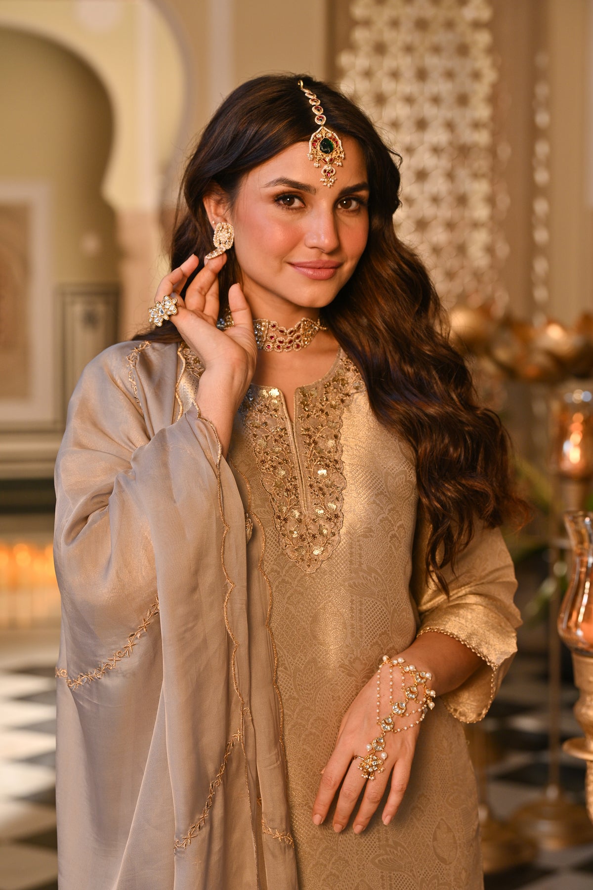 Slate Grey  Premium Pure Muslin Silk Jacquard with Patch Embroidery, Hand Work Zari lace on Daman Kurta With Scallop Zari Border Dupatta
