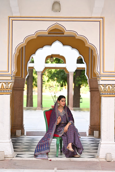 Blue Ghera Muslin Sharara Set with Gota and Sequence Work