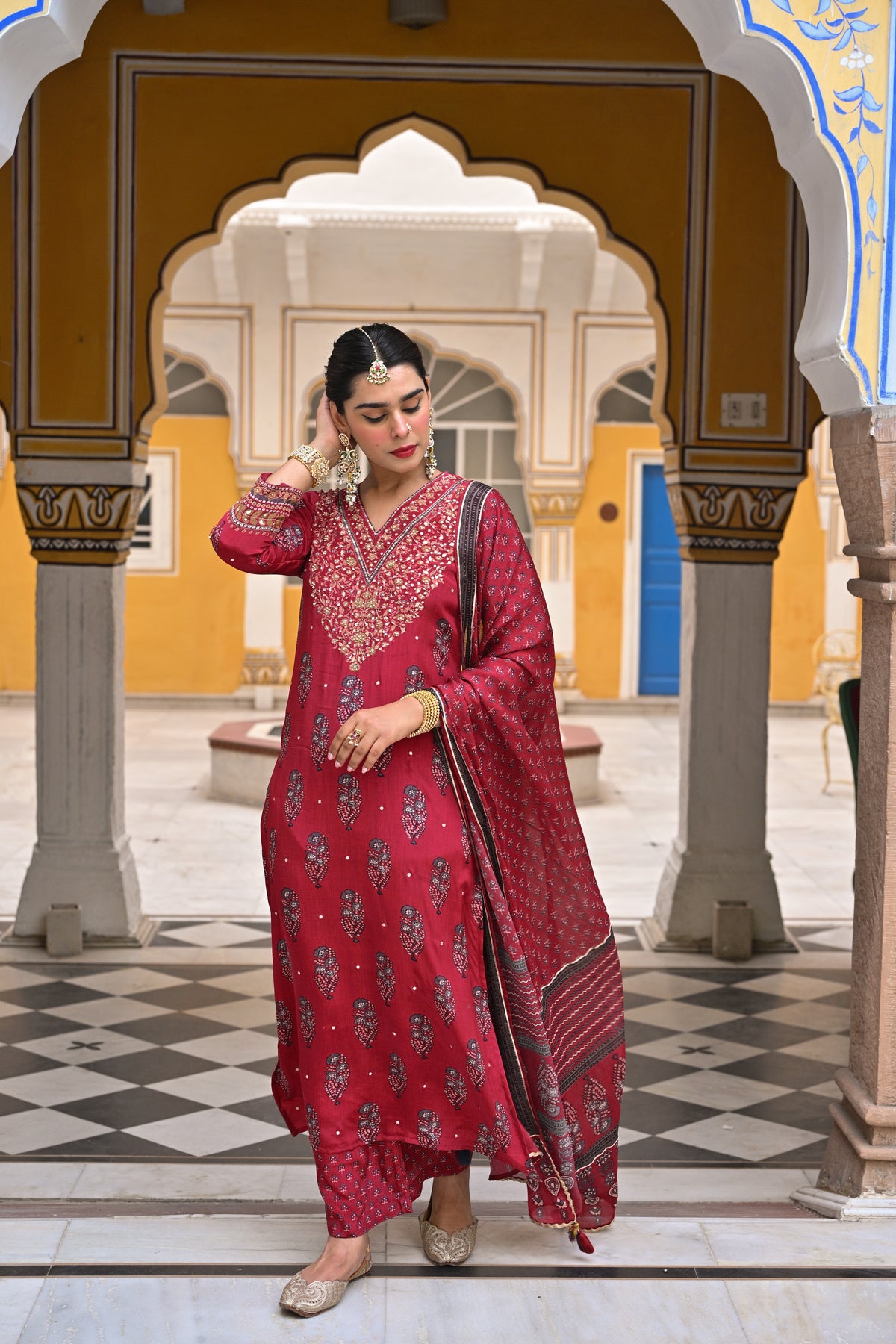 Red Block Print Gota and Sequence Muslin A line Suit