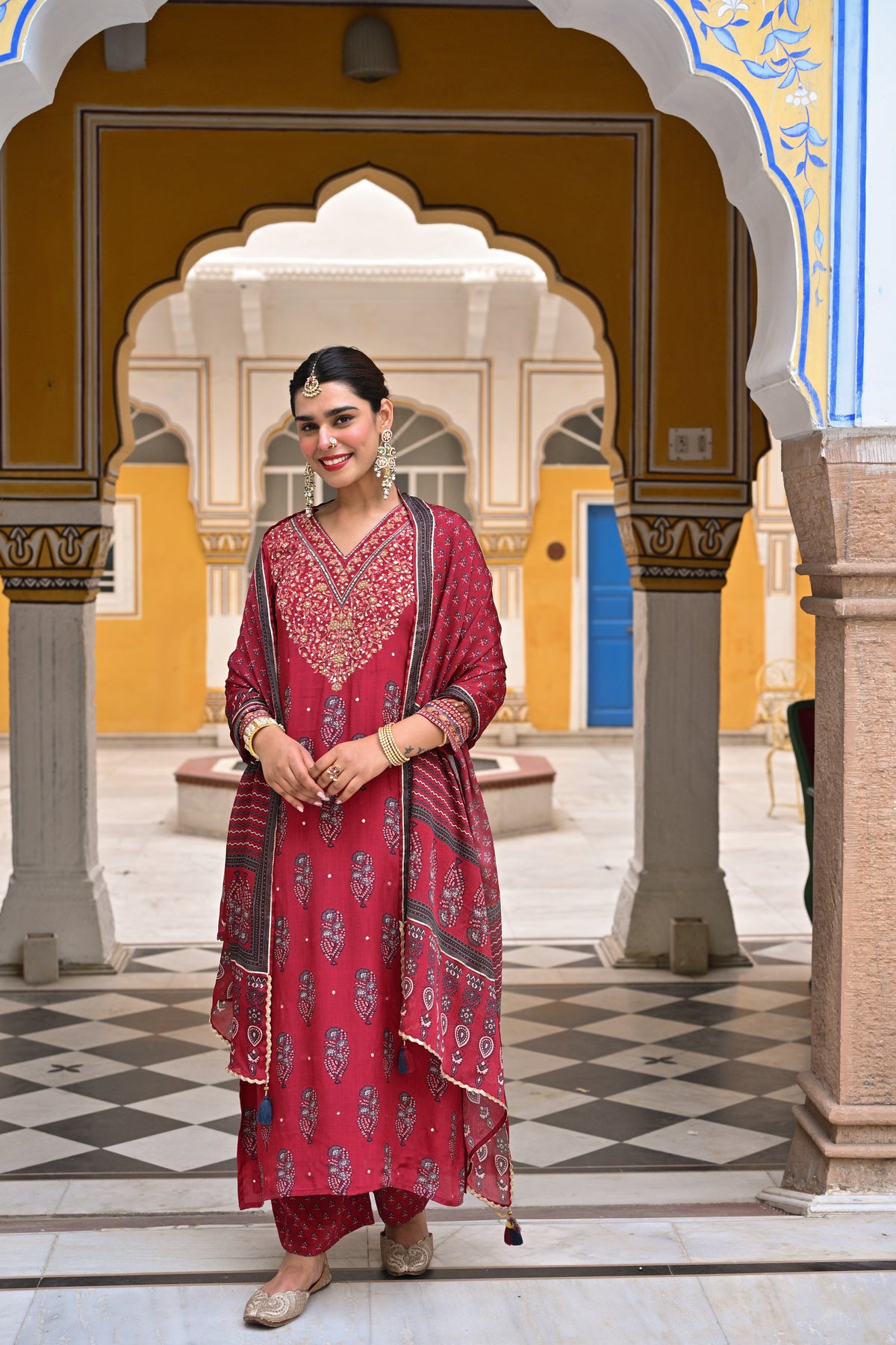 Red Block Print Gota and Sequence Muslin A line Suit