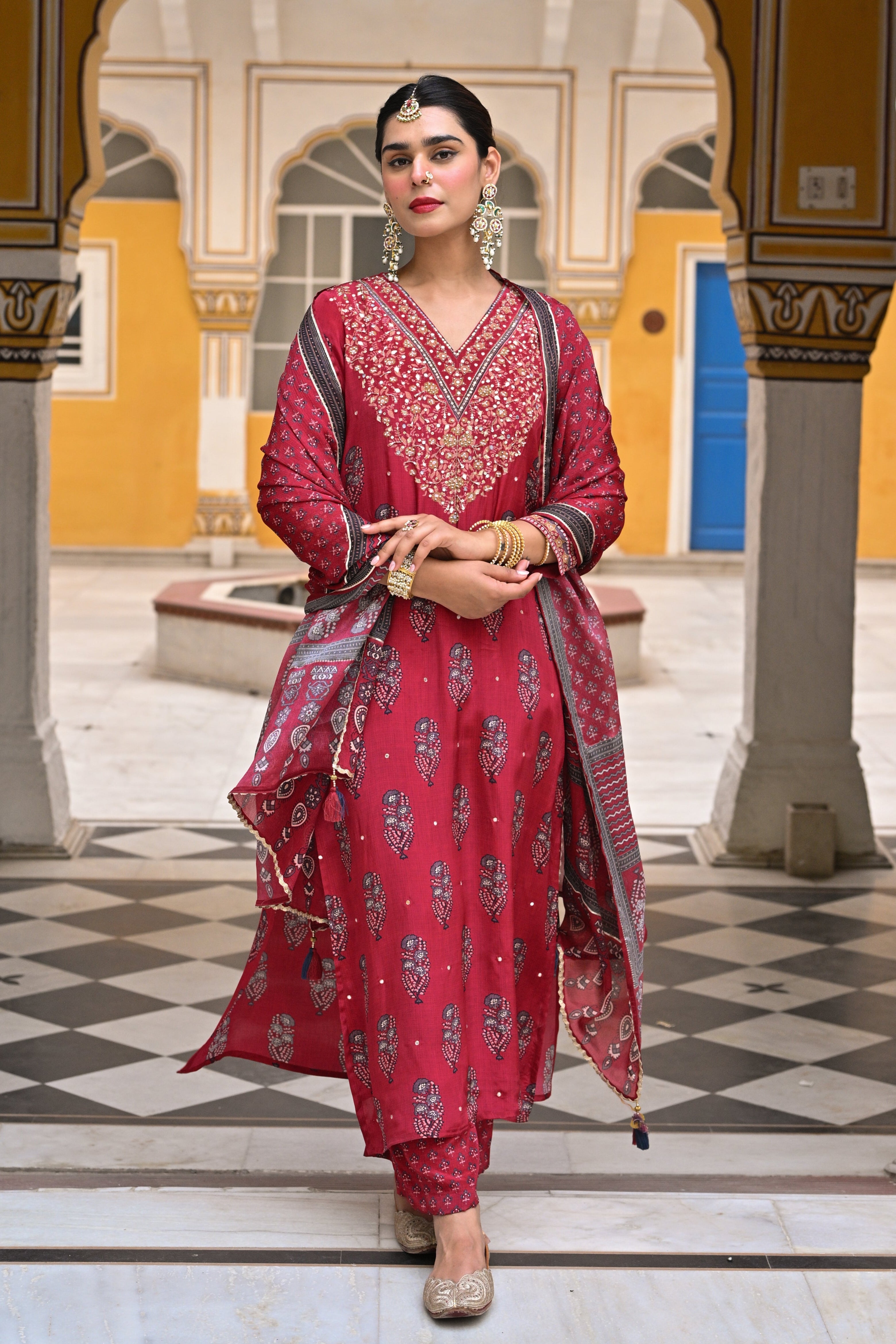Red Block Print Gota and Sequence Muslin A line Suit