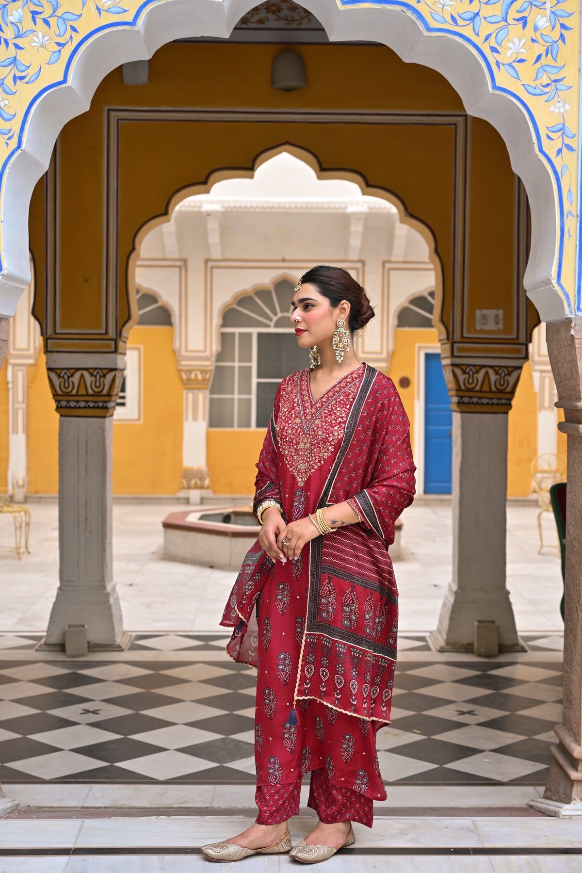 Red Block Print Gota and Sequence Muslin A line Suit