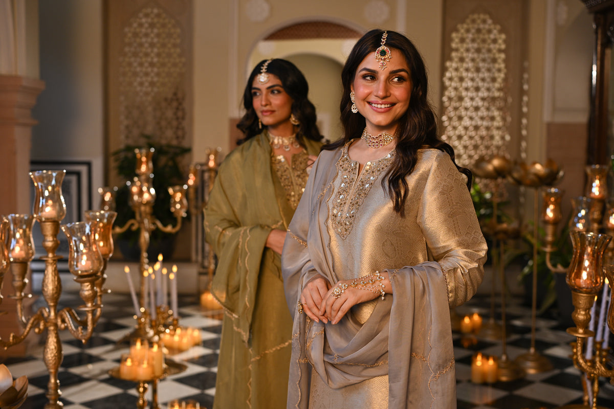 Slate Grey  Premium Pure Muslin Silk Jacquard with Patch Embroidery, Hand Work Zari lace on Daman Kurta With Scallop Zari Border Dupatta