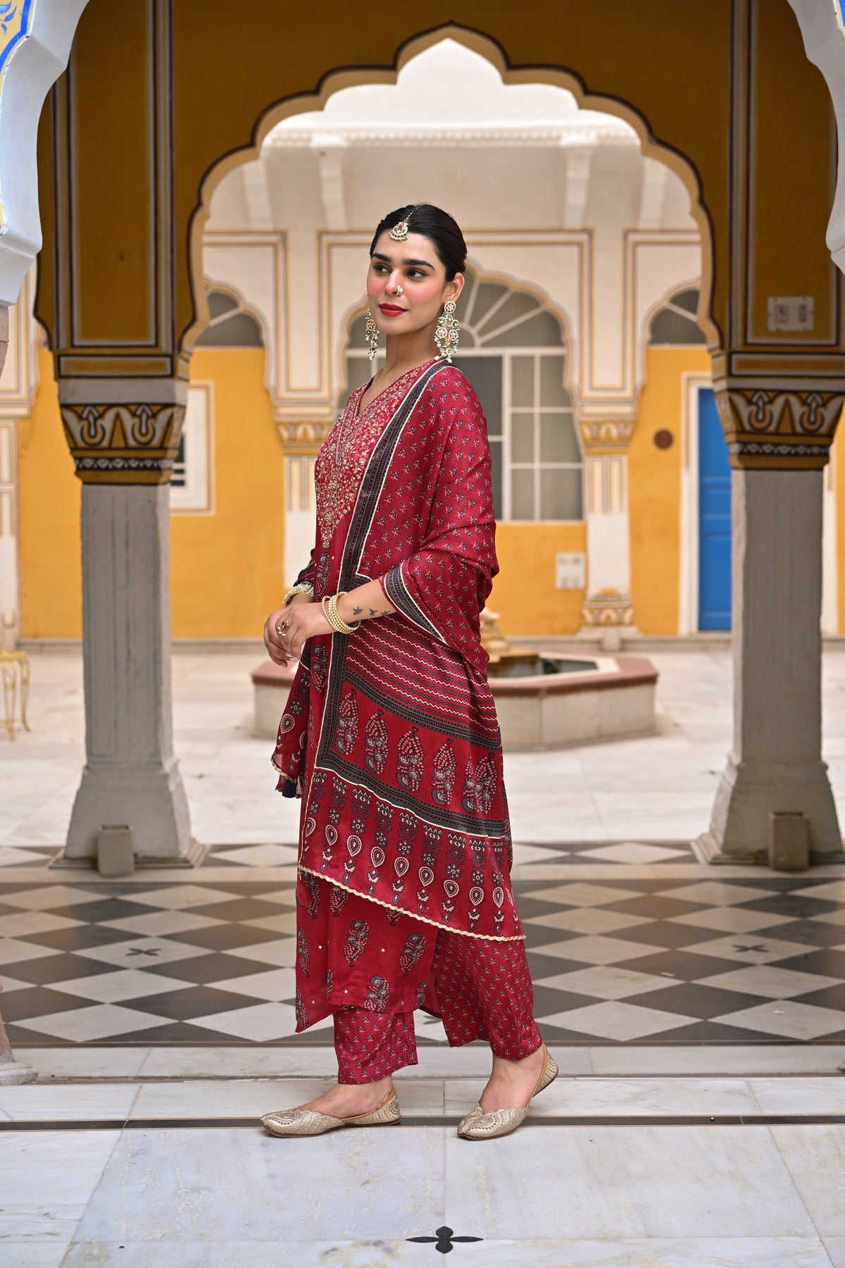 Red Block Print Gota and Sequence Muslin A line Suit